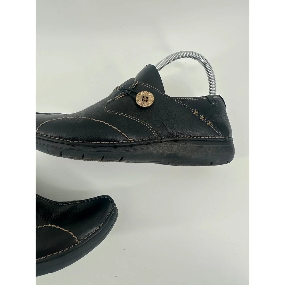 Clarks Structured Black‎ Leather Loafers Button Slip On Shoes Womens 9M 23071
